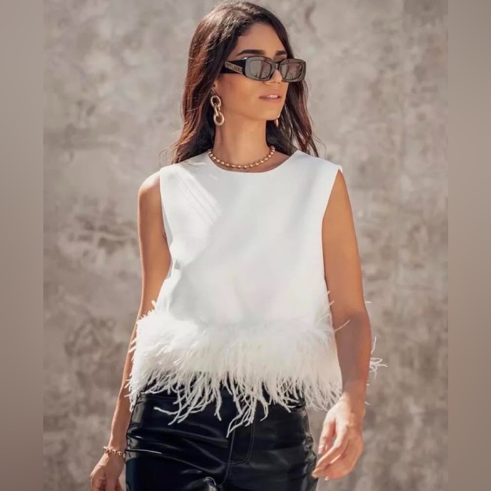 Womens Feather Trim Crop Tank Top